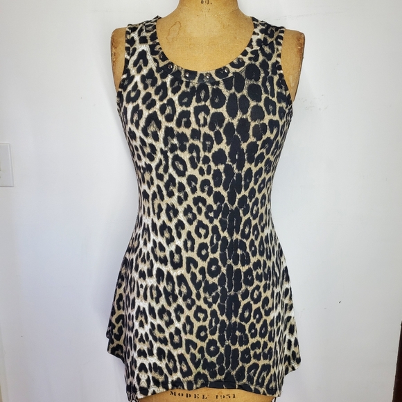 Avon Size M Tank Top Sleeveless Long Shirt Studded Animal Leopard Print Stretchy - Picture 1 of 7
